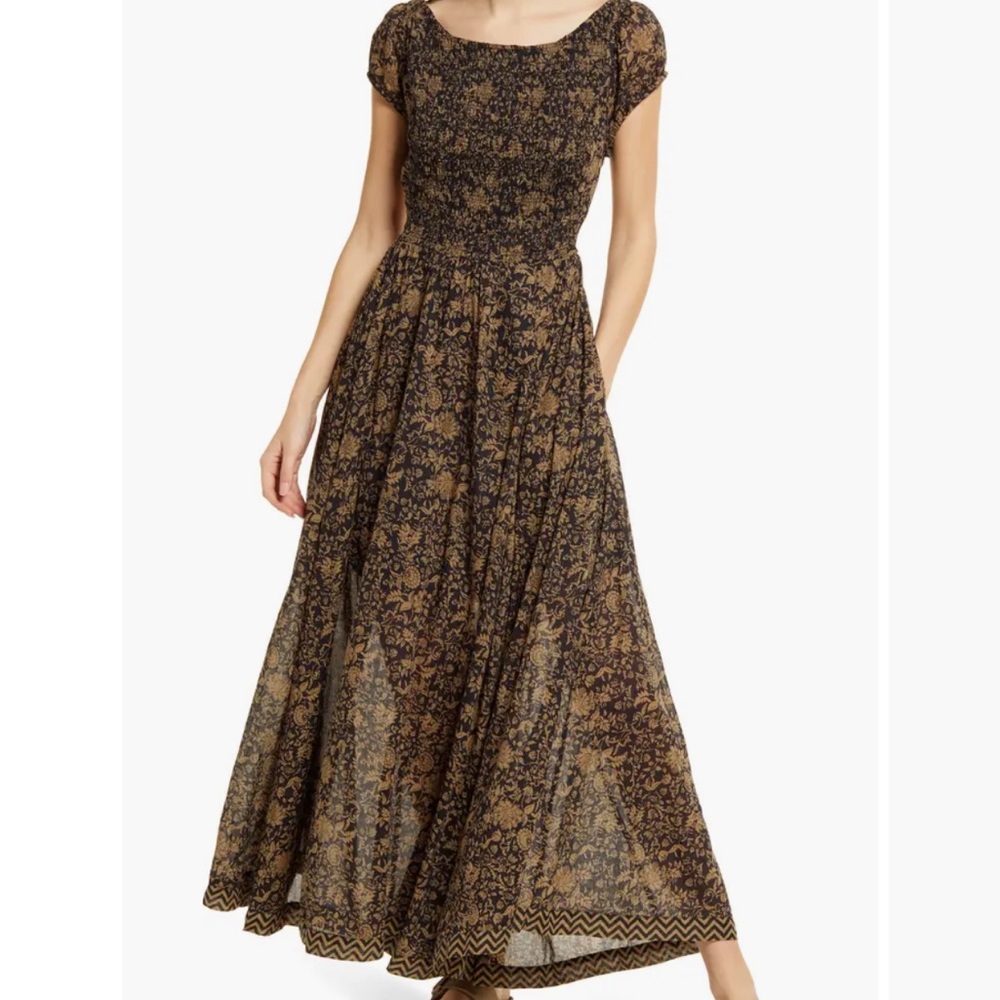 Free People Black and Gold Floral Smocked Maxi Dress